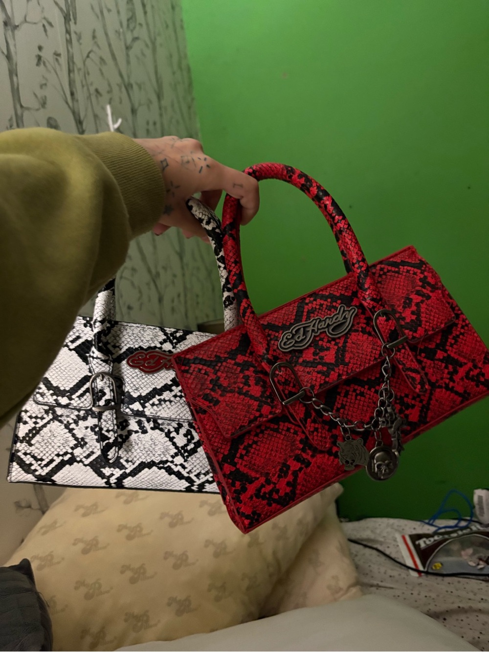 Ed Hardy Red Snake-Print Top Handle Bag bundle